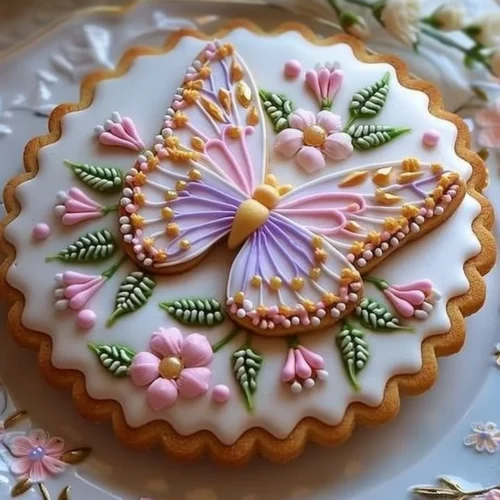 Decorated Floral Butter Cookies with Royal Icing on a white plate