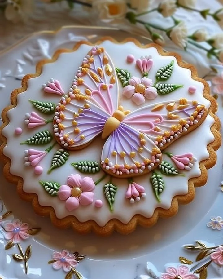 Decorated Floral Butter Cookies with Royal Icing on a white plate