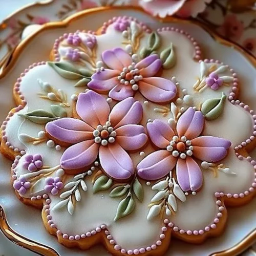 Beautifully decorated Floral Butter Cookies with Royal Icing on a plate