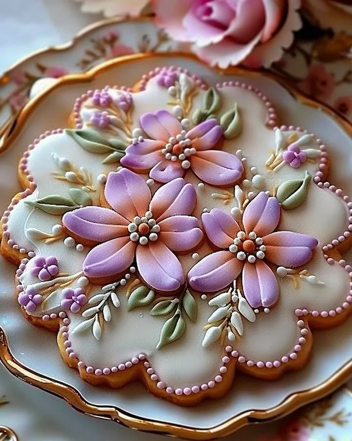 Beautifully decorated Floral Butter Cookies with Royal Icing on a plate