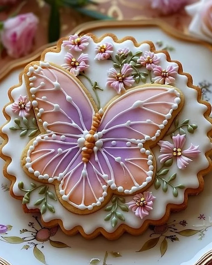 Beautifully decorated Floral Butter Cookies with Royal Icing on a plate.
