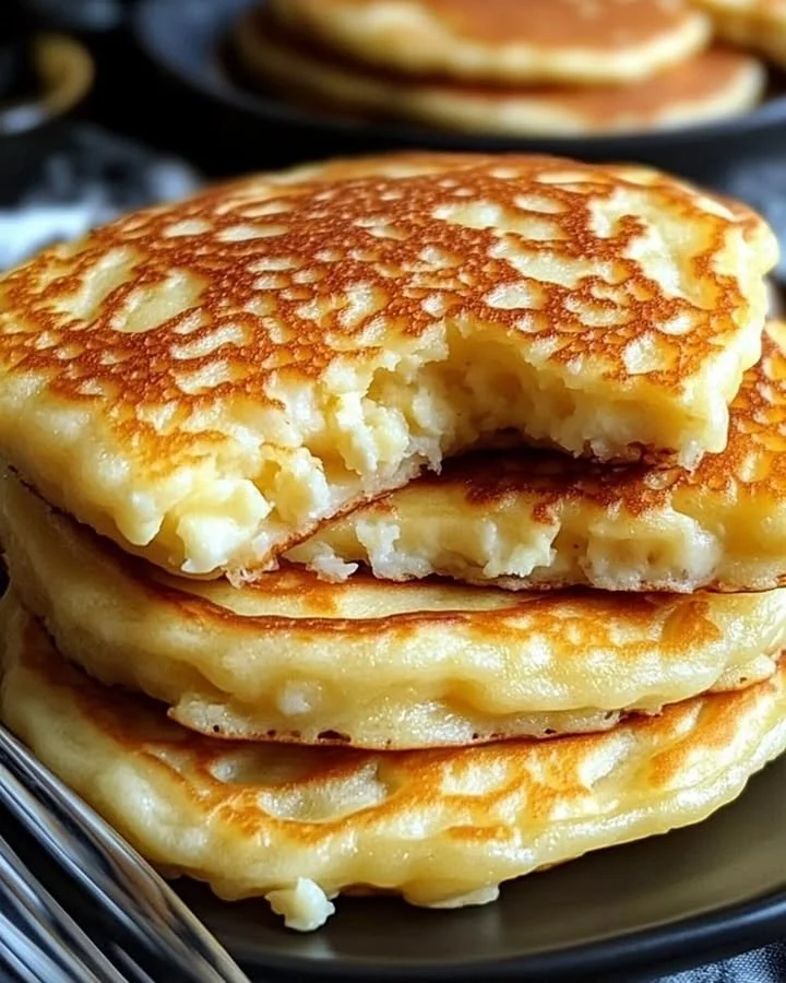Flourless cottage cheese pancakes served on a plate with fresh fruit