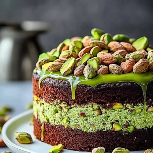 Slice of flourless pistachio cake topped with crushed pistachios and cream