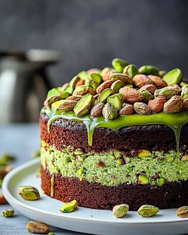 Slice of flourless pistachio cake topped with crushed pistachios and cream