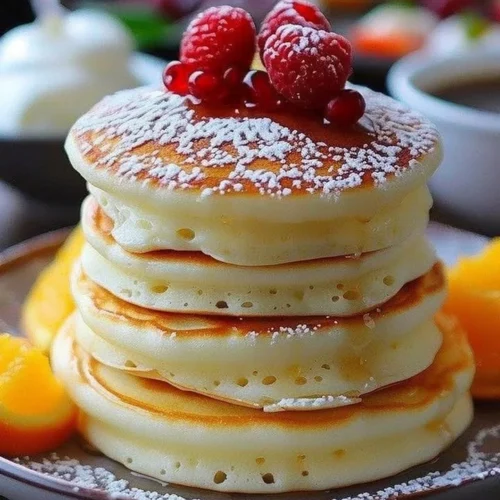 Fluffy Japanese soufflé pancakes stacked on a plate with syrup and berries