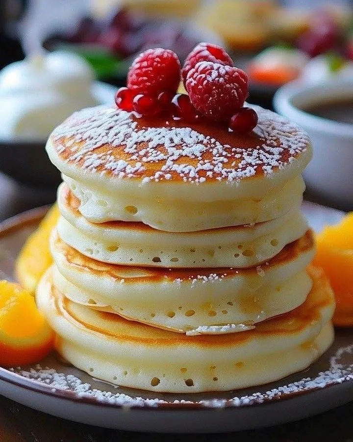 Fluffy Japanese soufflé pancakes stacked on a plate with syrup and berries