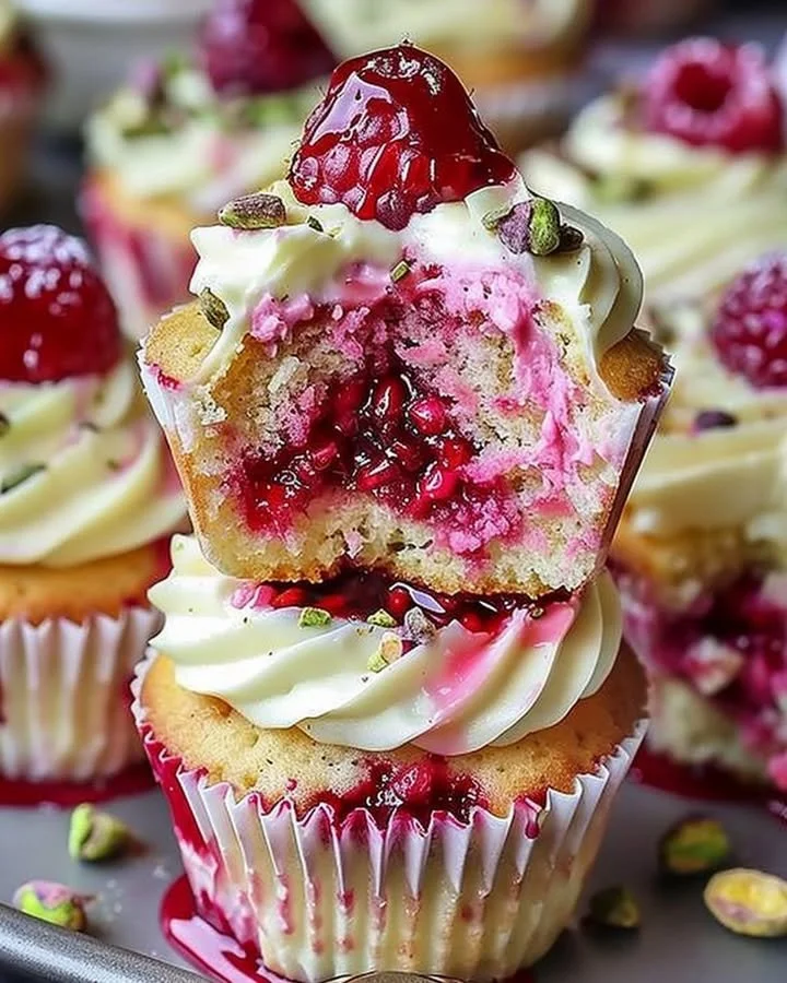 Fluffy raspberry pistachio cupcakes with vibrant pink frosting