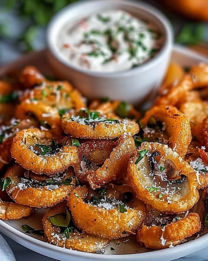 Crispy fried sliced mushrooms served with ranch dressing for dipping.