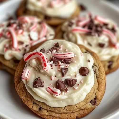 Frosted peppermint chocolate chunk cookies with festive decorations