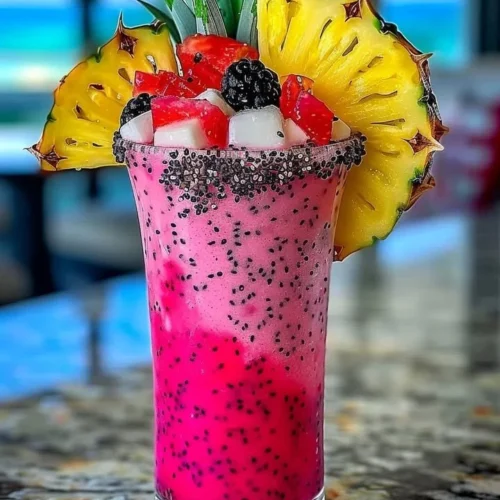Frozen Dragon Fruit Pina Colada in a chilled glass with tropical garnishes