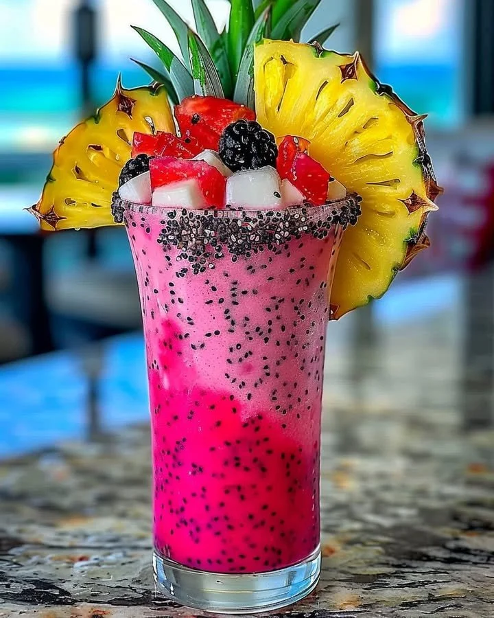 Frozen Dragon Fruit Pina Colada in a chilled glass with tropical garnishes