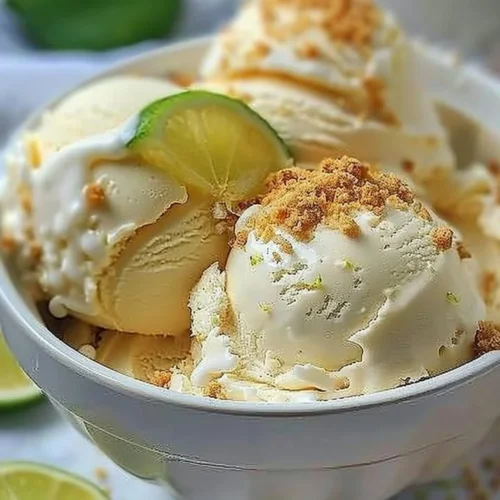 Delicious bowl of frozen Key Lime Pie Ice Cream topped with lime zest