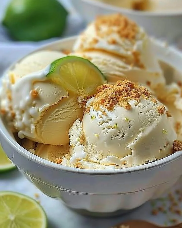 Delicious bowl of frozen Key Lime Pie Ice Cream topped with lime zest