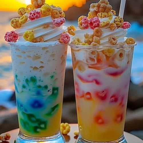 A vibrant Fruit Loop Fizz cocktail garnished with colorful fruits.