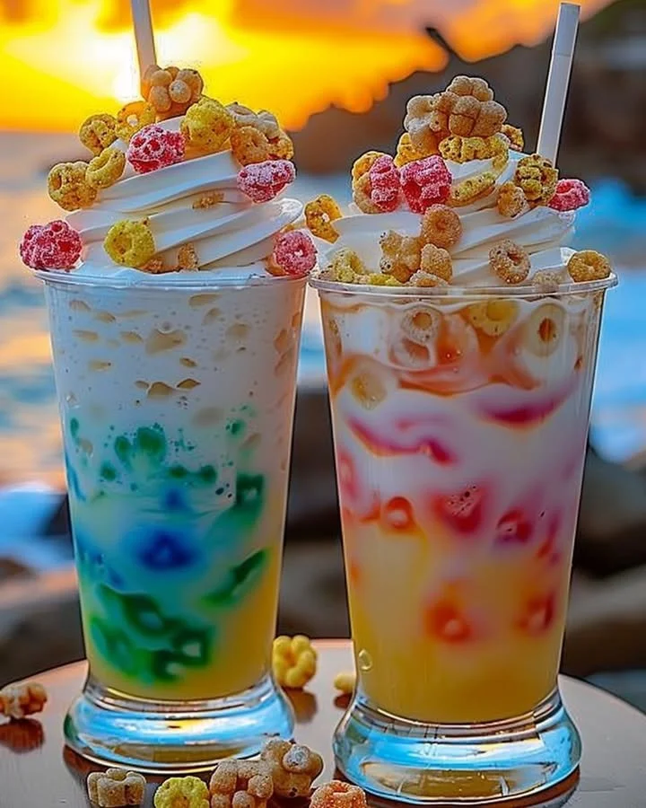 A vibrant Fruit Loop Fizz cocktail garnished with colorful fruits.