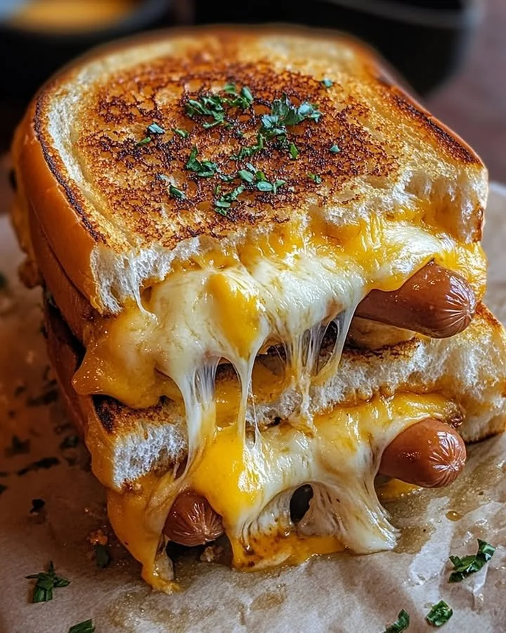 Delicious fryer grilled cheese hot dogs, showcasing melted cheese and crispy bread.