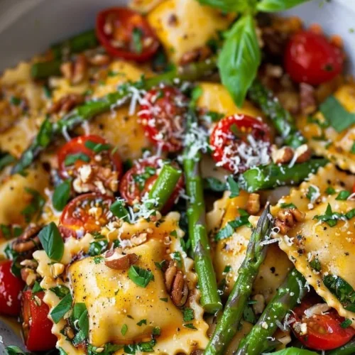 Delicious garden fresh asparagus and tomato ravioli served in a light sauce.