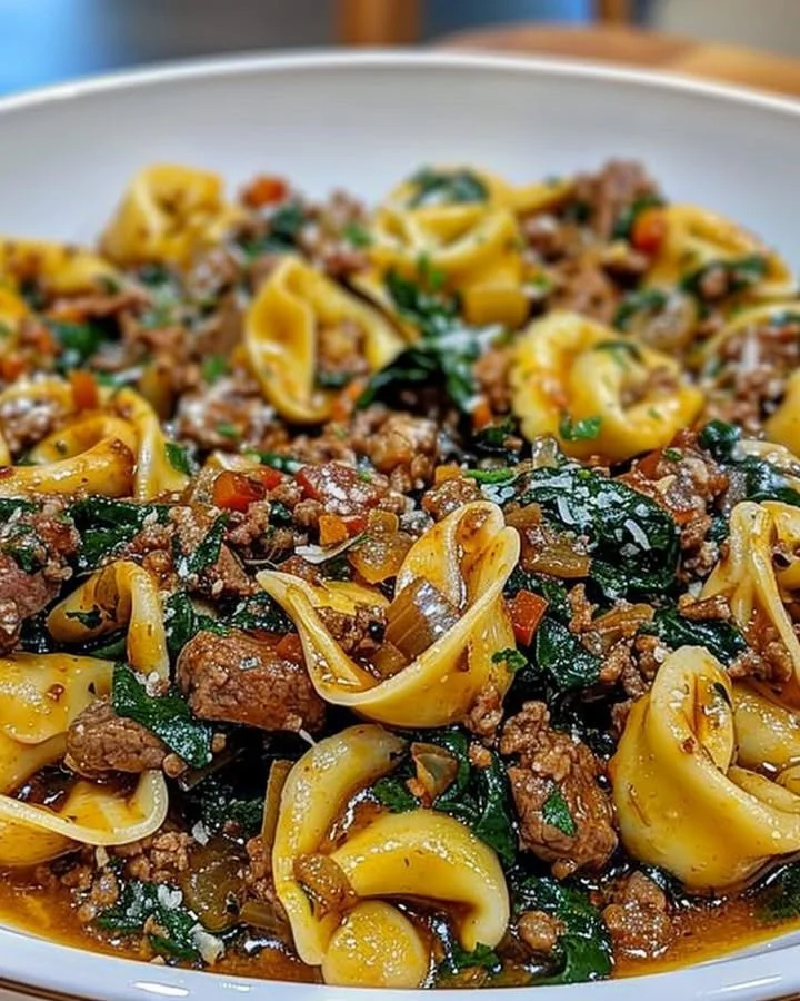 Delicious garlic butter beef with spinach tortellini dish garnished with herbs