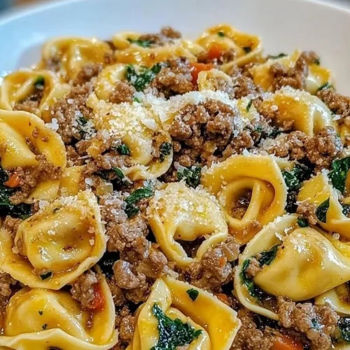 Delicious garlic butter beef tortellini served in a bowl
