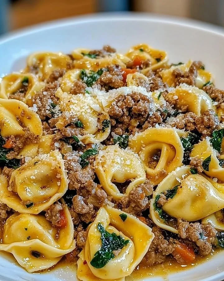 Delicious garlic butter beef tortellini served in a bowl