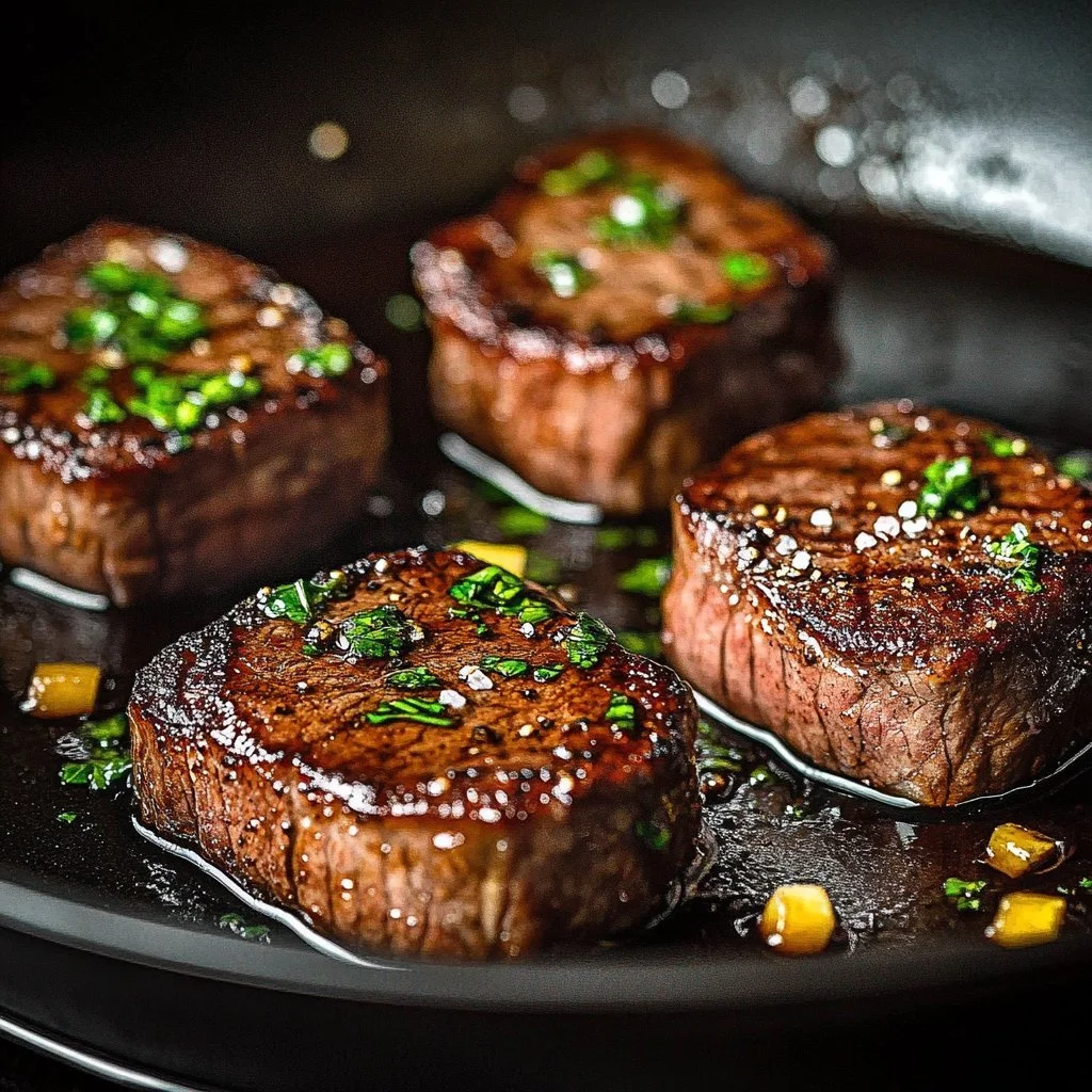 Garlic Butter Brazilian Steak with herbs and spices on a serving plate