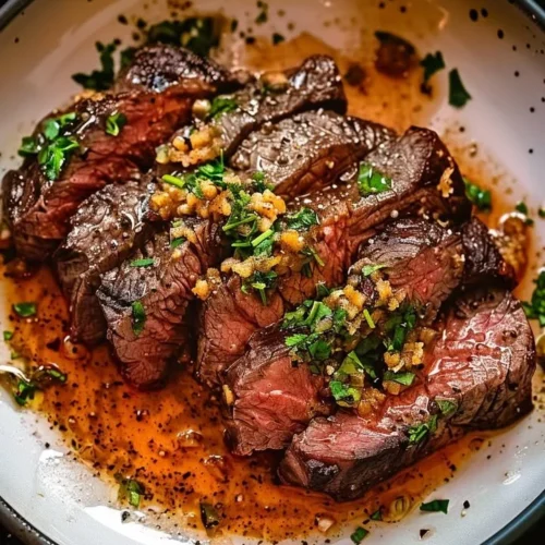 Delicious Garlic Butter Brazilian Steak served on a plate with herbs.