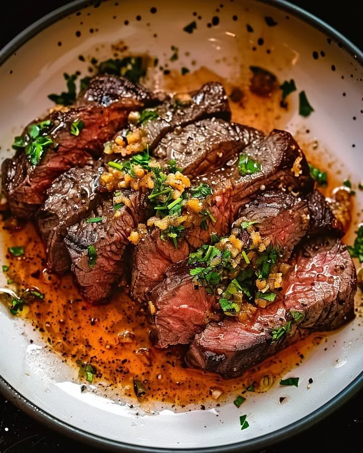 Delicious Garlic Butter Brazilian Steak served on a plate with herbs.