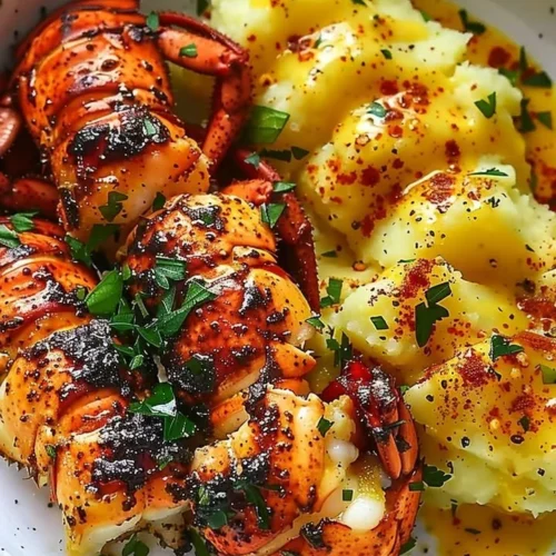 Delicious Garlic Butter Lobster Bites served with Saffron Mash