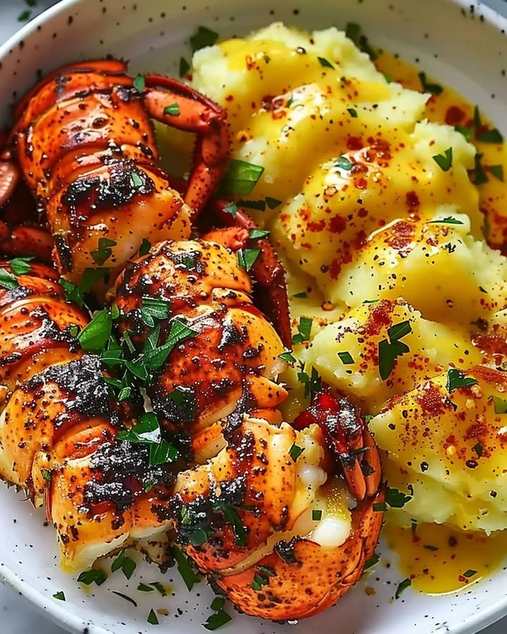 Delicious Garlic Butter Lobster Bites served with Saffron Mash