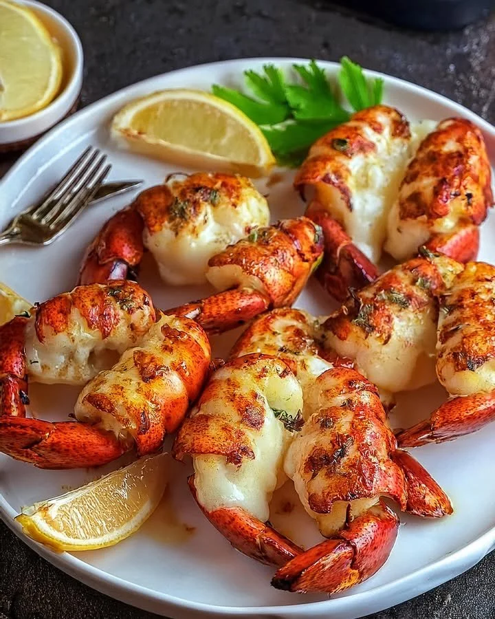 Garlic butter lobster tails served on a plate, showcasing a delicious seafood dish.