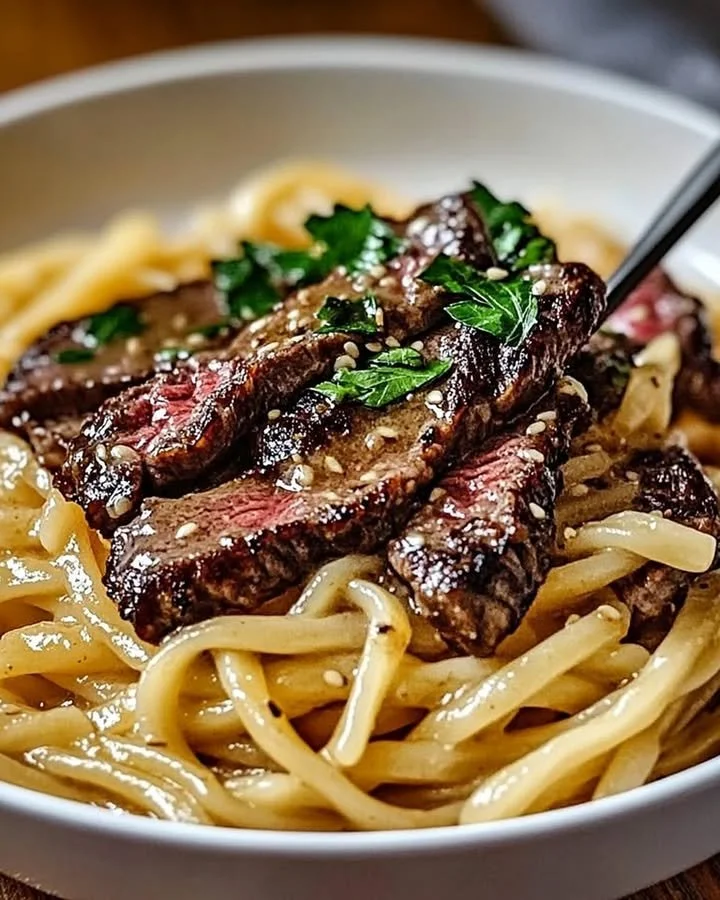 Plate of Garlic Butter Steak Lightning Noodles garnished with herbs and spices