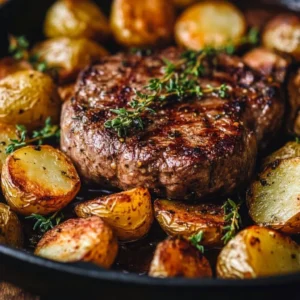 Delicious Garlic Herb Steak and Potato Skillet served on a plate