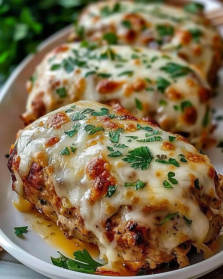 Garlic Parmesan Chicken Meatloaf served on a plate garnished with herbs