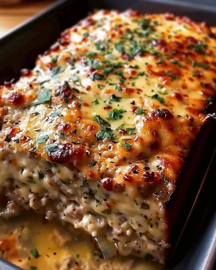 Delicious Garlic Parmesan Chicken Meatloaf served on a rustic plate