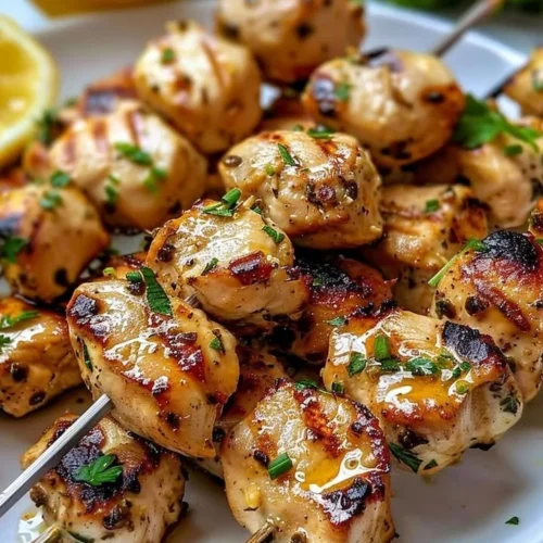 Grilled Garlic Parmesan Chicken Skewers served on a platter with herbs.