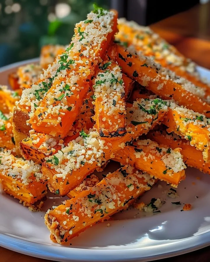 Garlic Parmesan Sweet Potato Sticks served in a bowl