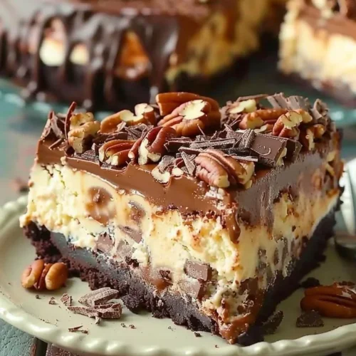 Delicious slice of German Chocolate Cheesecake topped with coconut and pecans.