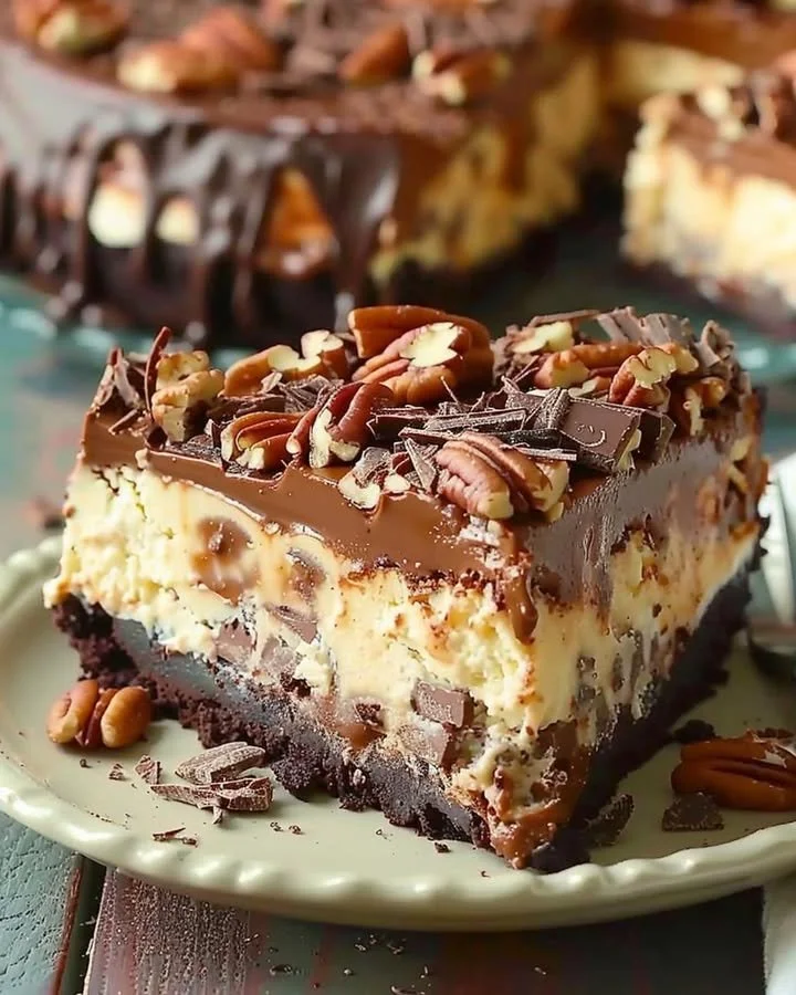 Delicious slice of German Chocolate Cheesecake topped with coconut and pecans.