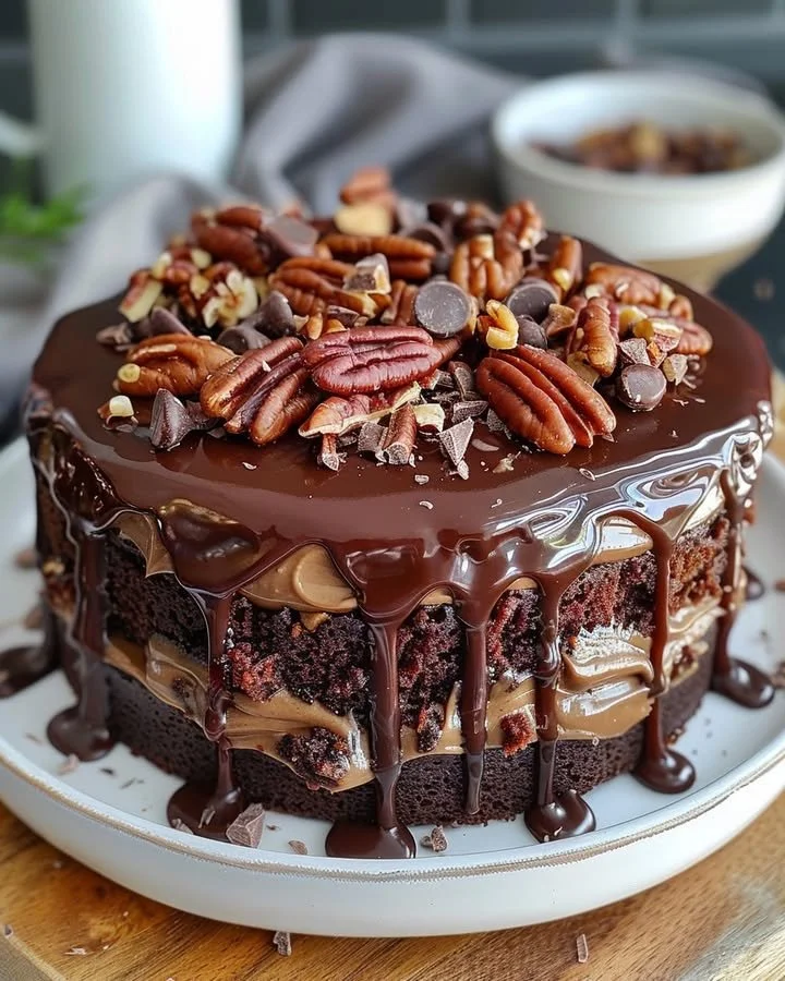 Delicious German Chocolate Poke Cake topped with coconut and pecan frosting
