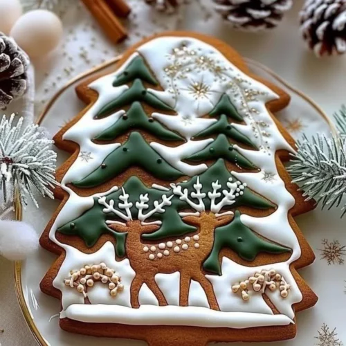 Gingerbread cookies decorated with a winter forest design for the holidays.