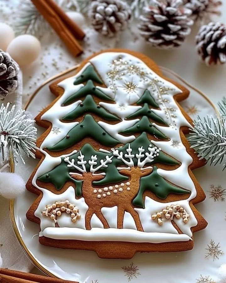Gingerbread cookies decorated with a winter forest design for the holidays.