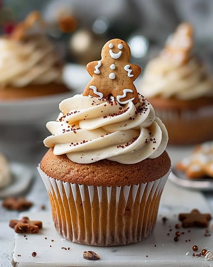 Delicious gingerbread cupcakes topped with creamy frosting and festive decorations.