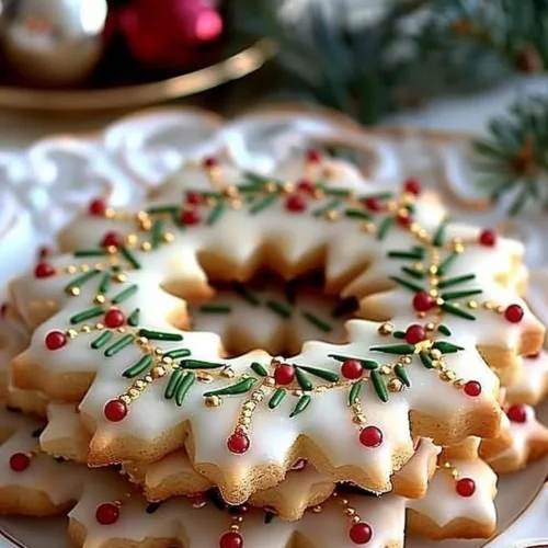 Festive Golden Holly Crown Cookies decorated for holiday celebrations