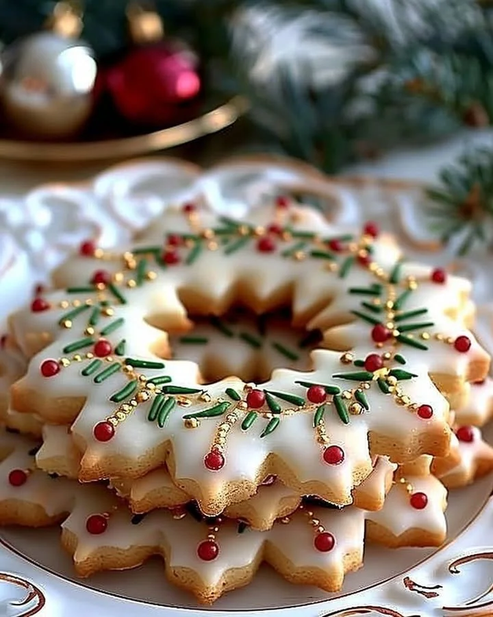 Festive Golden Holly Crown Cookies decorated for holiday celebrations