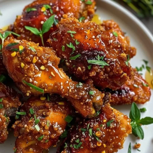Golden honey-glazed chicken drizzled with a spicy sauce, garnished with fresh herbs.