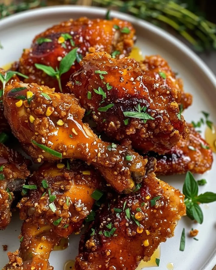 Golden honey-glazed chicken drizzled with a spicy sauce, garnished with fresh herbs.