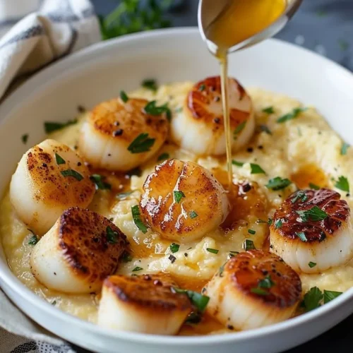 Plate of golden scallops served on creamy parmesan polenta