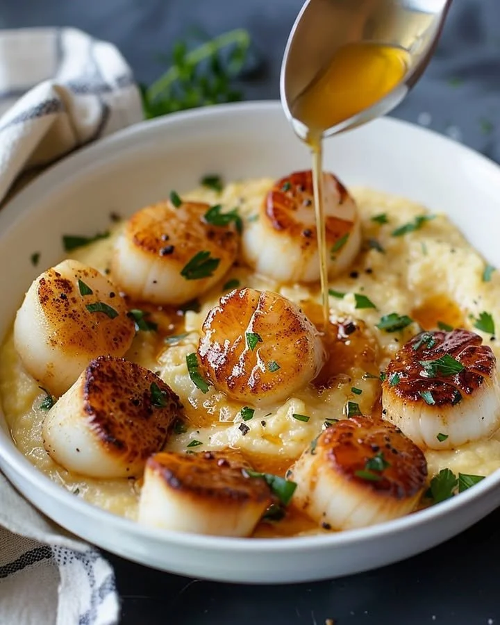 Plate of golden scallops served on creamy parmesan polenta