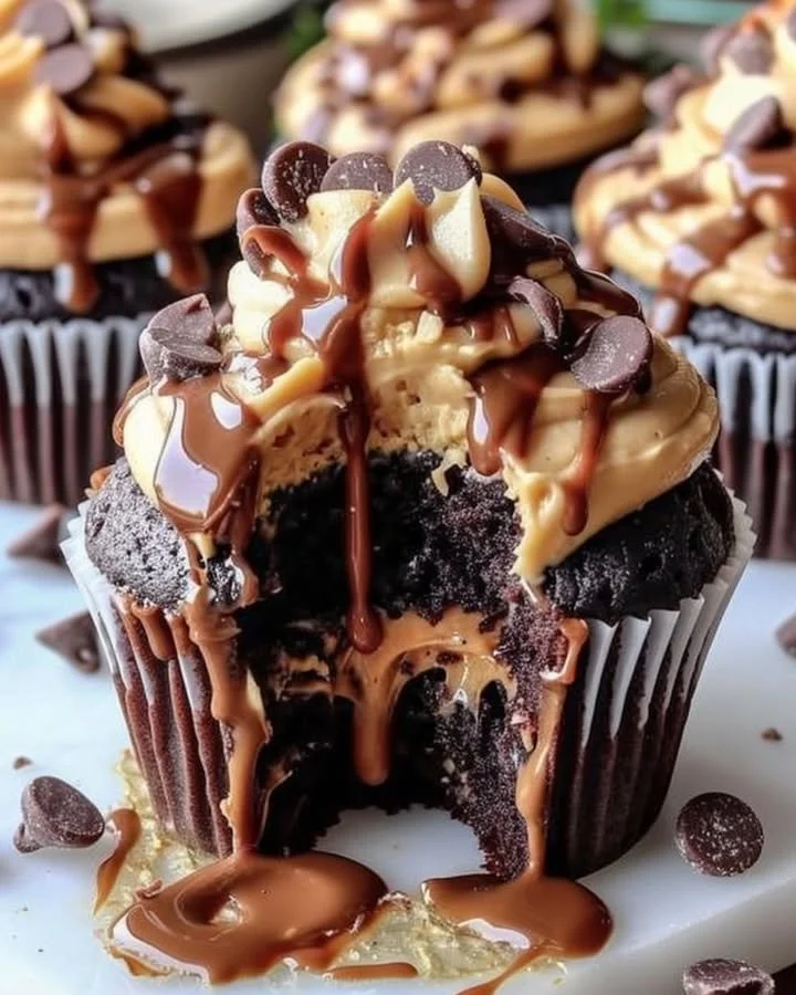 Gooey peanut butter lava cupcakes with melted filling