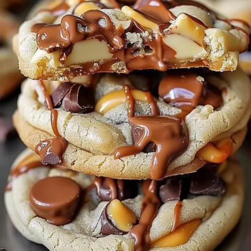 Gooey Reese's cheesecake cookies with chocolate and cream cheese toppings